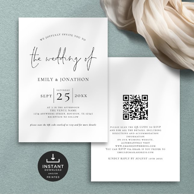 Minimalistisk QR-kod, svart vit Bröllop Inbjudningar (Front and back view)