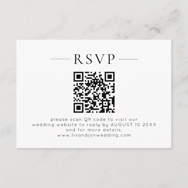 Minimalistisk QR-kod Svart Vitt Bröllop RSVP OSA Kort (Framsida)