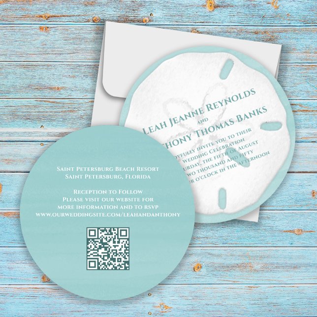Minimalistisk QR-kod, tropisk docka Inbjudningar (Wedding invitation with turquoise watercolor and sand dollar beach theme. )