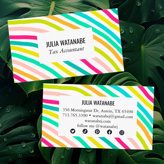 Minimalistisk Rand-handgjord Linjer SocialMedia-ik Visitkort (Colorful stripes decorate this custom business card. Add your own text and edit the social icons too)