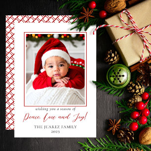 Minimalistisk Red and White Photo Peace Kärlek and Julkort