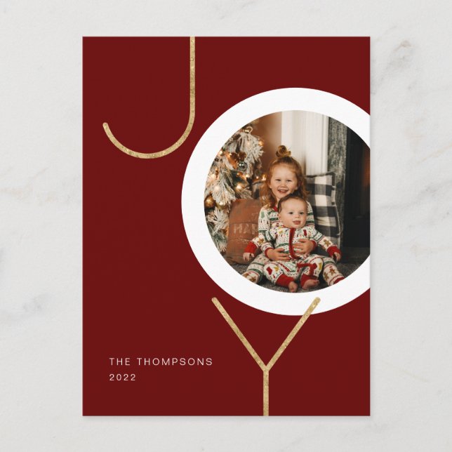 Minimalistisk Red Glitter Guld JOY Photo Helgdag Vykort (Framsida)