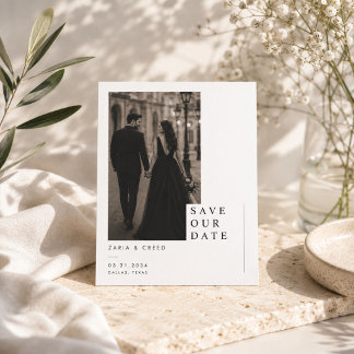 Minimalistisk redaktionell Save The Date-kort. Spara Datumet