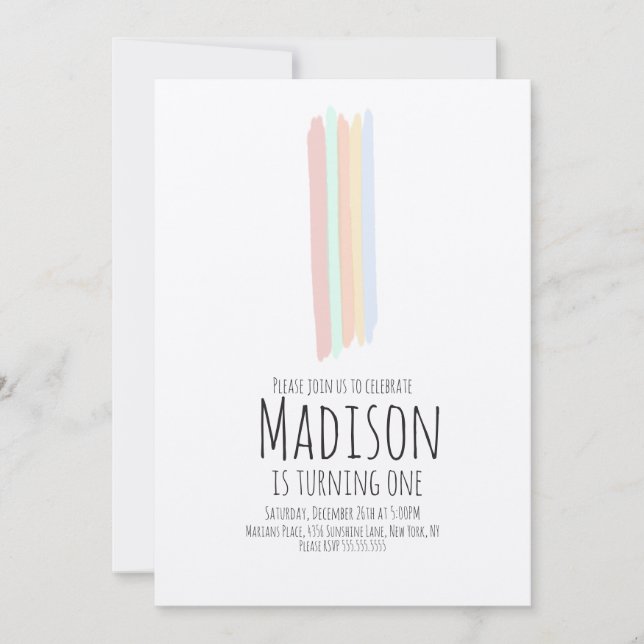 Minimalistisk regnbåge, första födelsedag, Rustic Inbjudningar (Framsida)