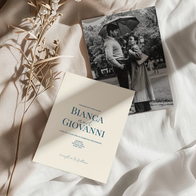 Minimalistisk Retro Blue Typography Bröllop Inbjudningar (Skapare uppladdad)