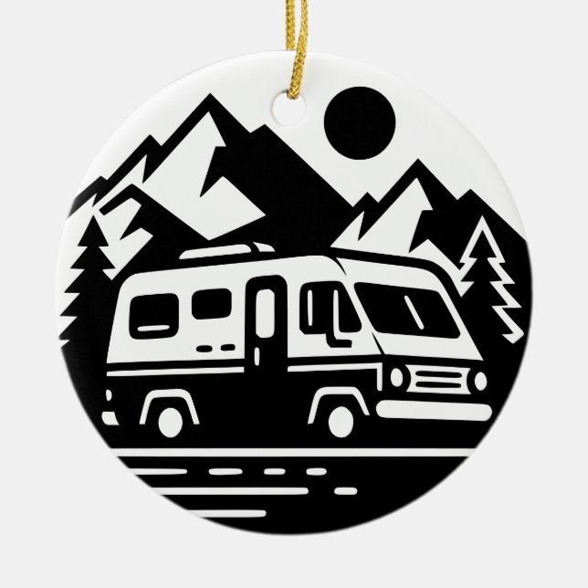 Minimalistisk Retro Camper Van Äventyr Julgransprydnad Keramik (Framsidan)