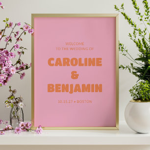 Minimalistisk Retro Rosa och Orange Bröllopshälsni Poster