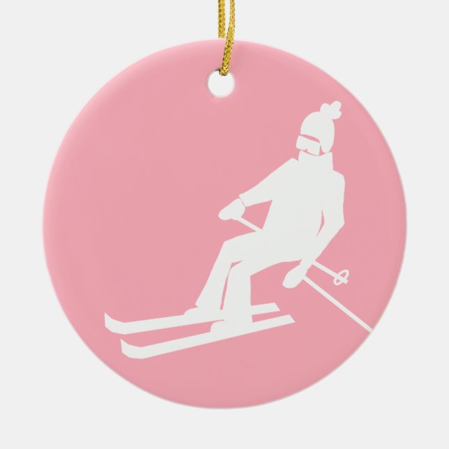 Minimalistisk Retro Skier Winter Rosa White Julgransprydnad Keramik (Framsidan)