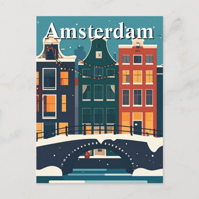 Minimalistisk Retro Vinter i Amsterdam Kanalhus Vykort (Framsida)