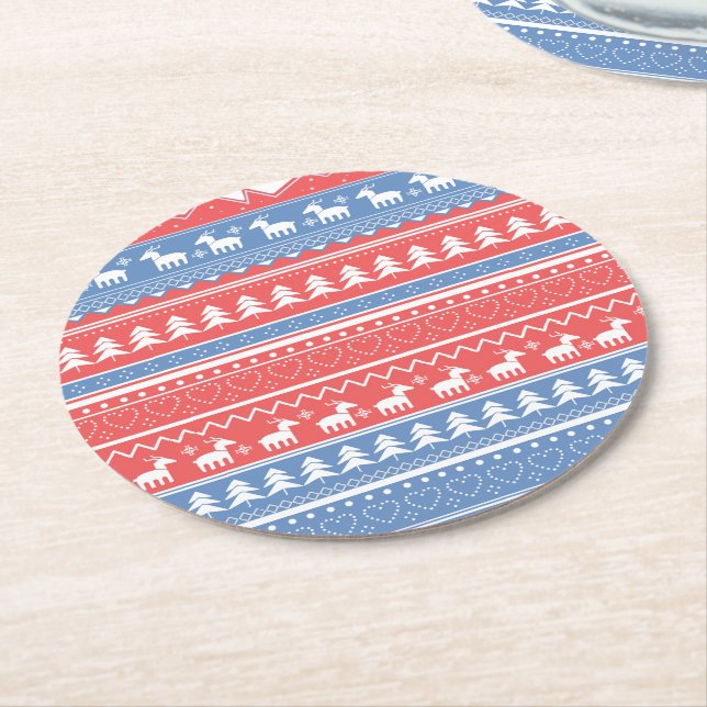 Minimalistisk röd & blå jul - Unikt mönster Underlägg Papper Rund (Vinklad)