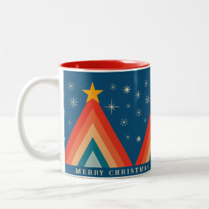Minimalistisk röd & blå retro groovy julgran Två-Tonad mugg