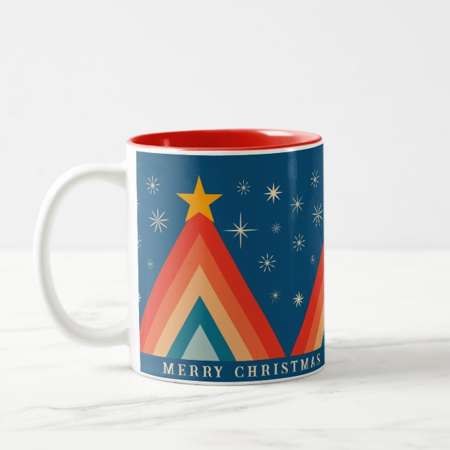 Minimalistisk röd & blå retro groovy julgran Två-Tonad mugg (Vänster)