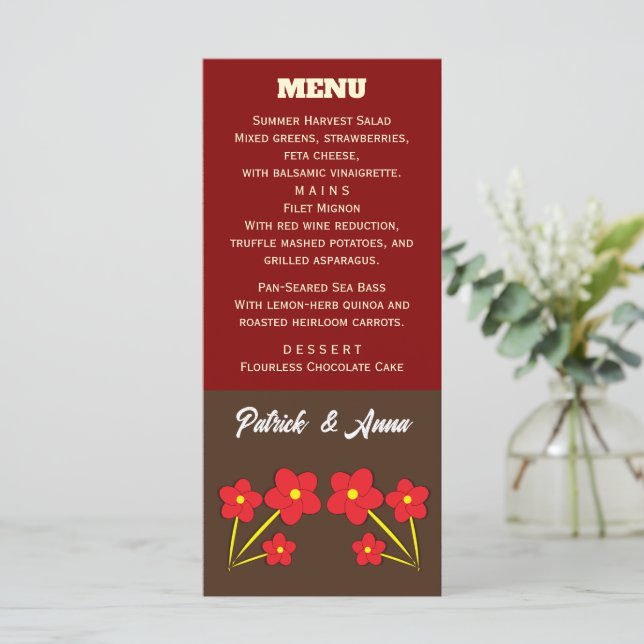 Minimalistisk Röd Blommor Trio Design Meny (Stående Fram)