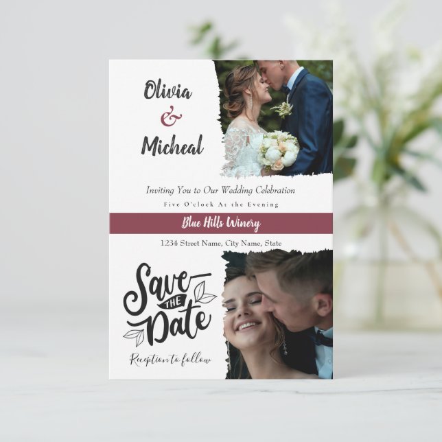 minimalistisk Röd Burgund sparad datum 2 foto Inbjudningar (Stående Fram)