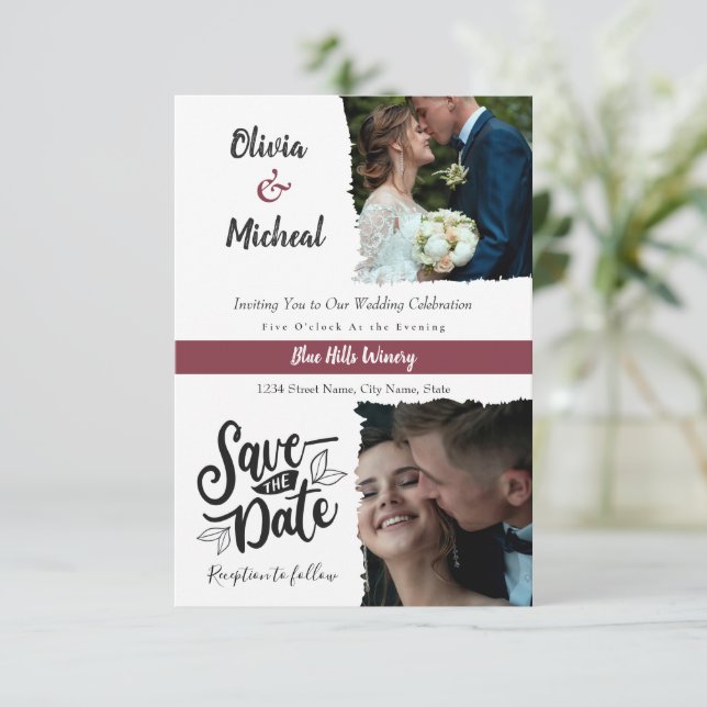 minimalistisk röd burgunder sparad datum 2 foto inbjudningar (Stående Fram)