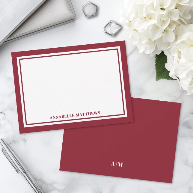 Minimalistisk röd dubbelkantad monogram anteckningskort (Minimalist Red Two Border Monogram Note Card)