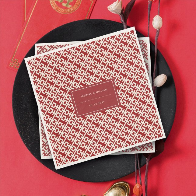 Minimalistisk röd Dubbla lycka i kinesiska Bröllop Pappersservett (Minimalist Red Double Happiness Chinese Wedding Napkins @ fatfatin_red_knot)