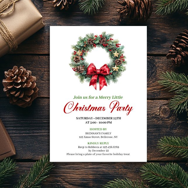 Minimalistisk röd grön julkransfestkort inbjudningar (Minimalist Red Green Christmas Wreath Party Card)