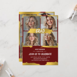 Minimalistisk Röd Guld 4Foto Examenfest Inbjudningar