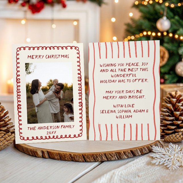 Minimalistisk röd handritad jul fotokort     julkort (Skapare uppladdad)