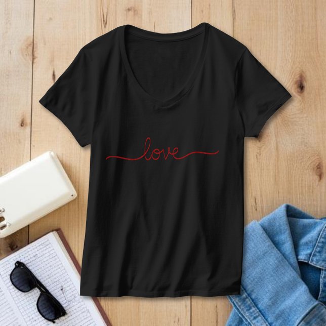 Minimalistisk röd kärleksskrift svart V-ringad t-s T Shirt (simple red one line "love" in elegant script)