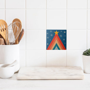 Minimalistisk röd och blå retro groovy julgran kakelplatta