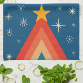 Minimalistisk röd och blå retro groovy julgran kökshandduk