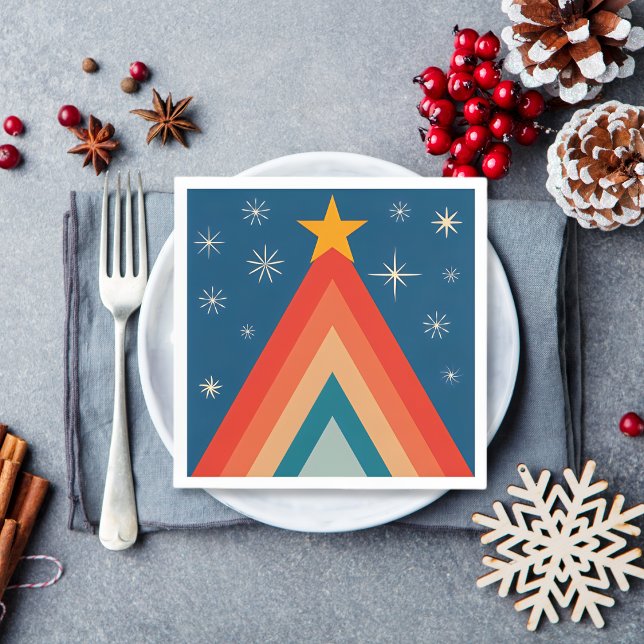 Minimalistisk röd och blå retro groovy julgran  pappersservett (Skapare uppladdad)
