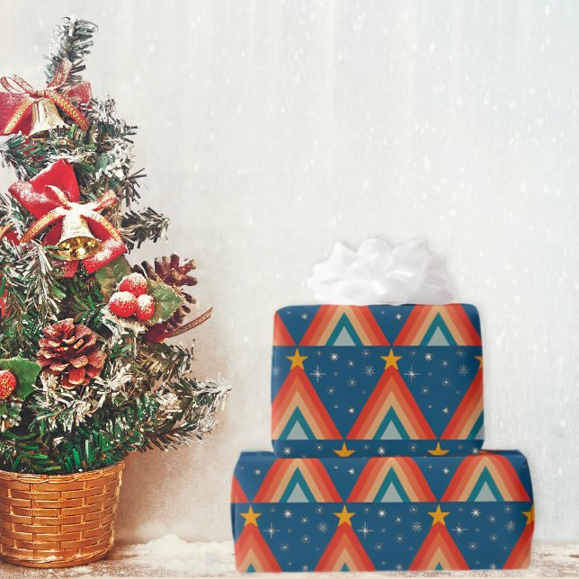 Minimalistisk röd och blå retro groovy julgran  presentpapper (Skapare uppladdad)