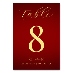 Minimalistisk röd och Guld Monogram Elegant bröllo Bordsnummer