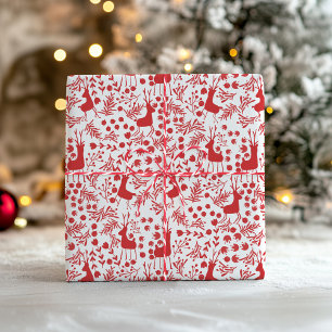 Minimalistisk röd ren, julmönster med bladverk presentpapper