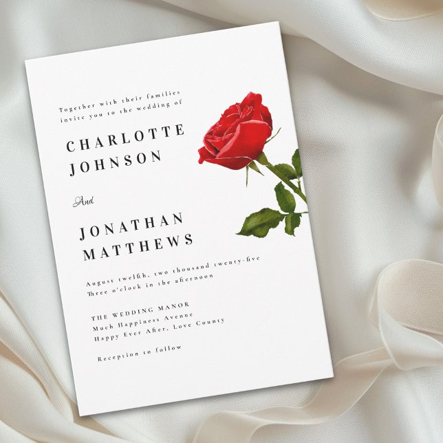 Minimalistisk röd ros elegant modern inbjudningar (Romantic red rose minimal modern wedding invitation simple classic Watercolor floral)