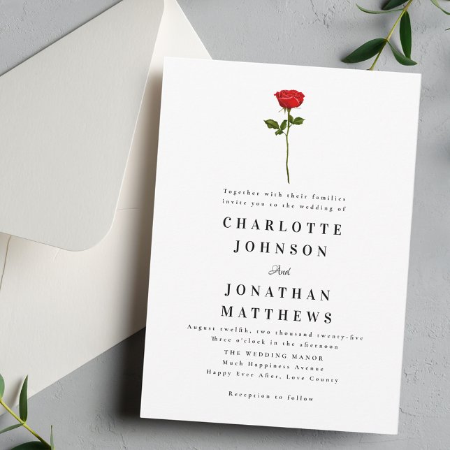 Minimalistisk Röd ros Elegant Modern Inbjudningar (Simple red rose watercolor elegant modern wedding invitation. Watercolor floral stylish romantic )