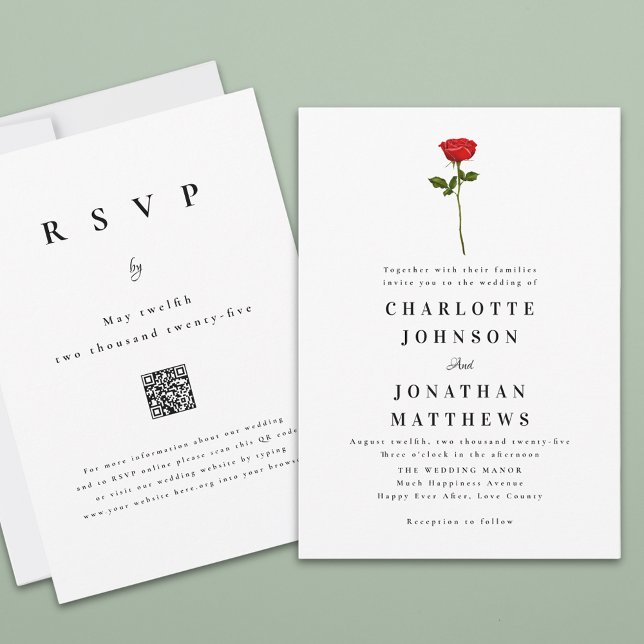 Minimalistisk Röd Ros Elegant Modern QR-kod Inbjudningar (Single red rose watercolor elegant modern wedding qr code invitation )