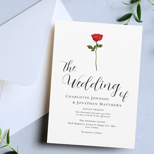 Minimalistisk röd ros elegant skrift inbjudningar (Single red rose elegant script minimalist wedding invitation Watercolor floral modern calligraphy )