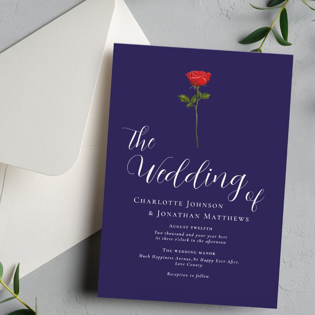 Minimalistisk röd ros elegant skrivstil marinblå inbjudningar (Elegant simple single red rose navy blue & white wedding invitation watercolor floral stylish script)