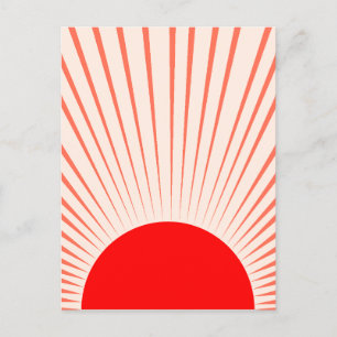 Minimalistisk röd sol och solstrålar vykort