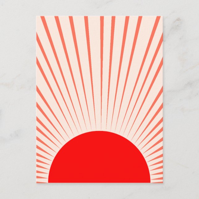 Minimalistisk röd sol och solstrålar vykort (Framsida)