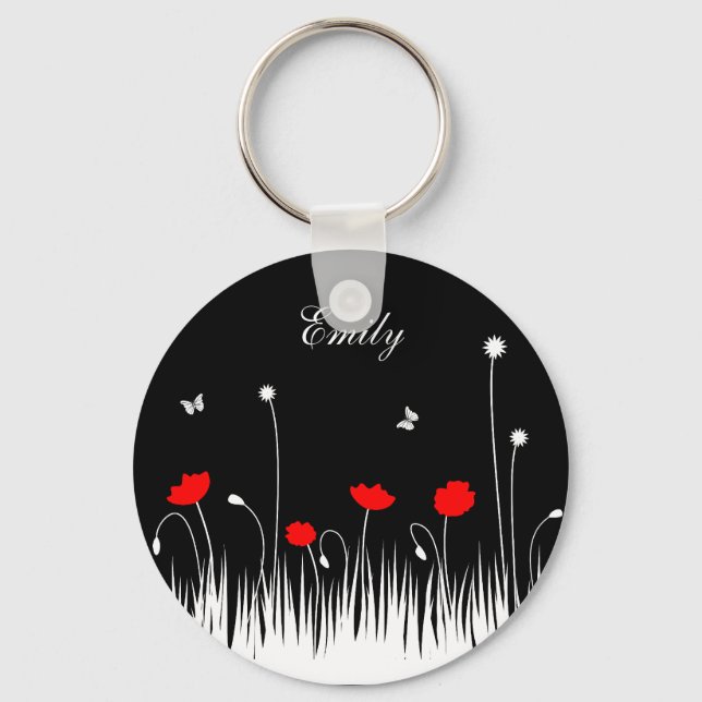 Minimalistisk röd svart och vit poppies Namn Nyckelring (Framsida)