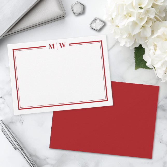 Minimalistisk röd tvåkantig monogram anteckningskort (Minimalist Red Two Border Monogram Note Card)