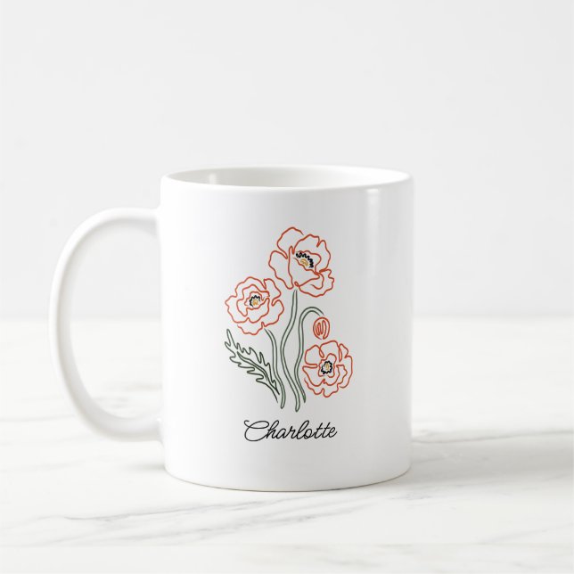 Minimalistisk röd vallmo linjekonst anpassad namn  kaffemugg (Vänster)