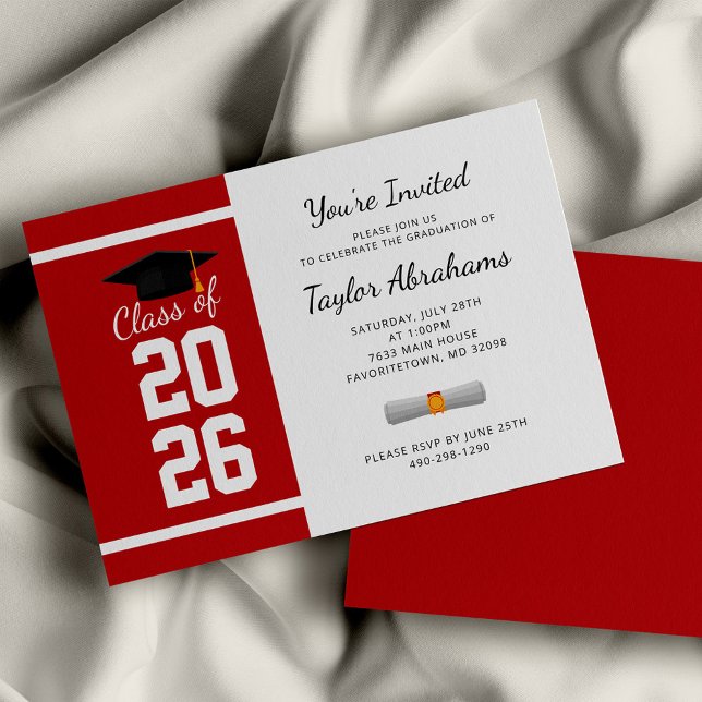 Minimalistisk röd vit examensinbjudan (Graduation 2024 Red White Script Party Invitation)