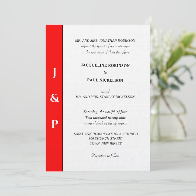 Minimalistisk Röd Vit Monogram  Inbjudningar (Stående Fram)
