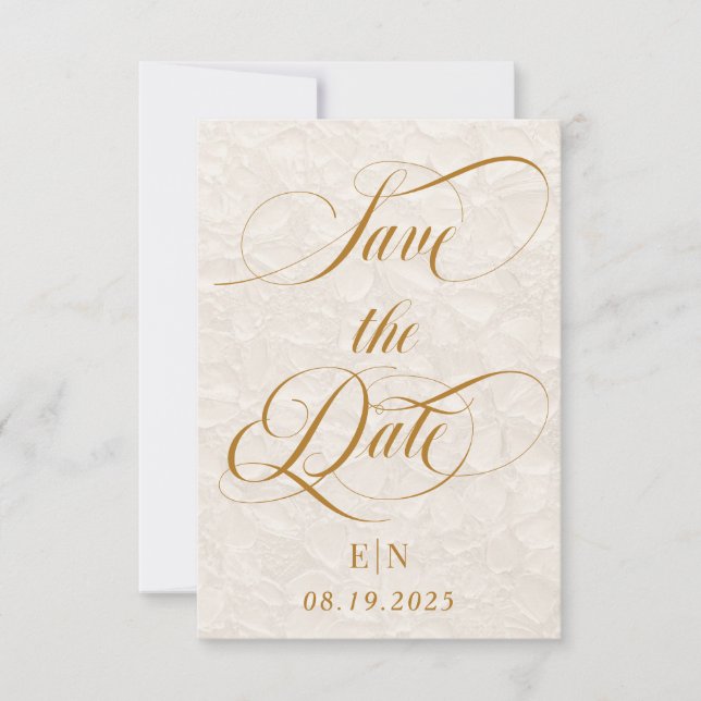 Minimalistisk romantisk beige guld blommig spara datumet (Framsida)