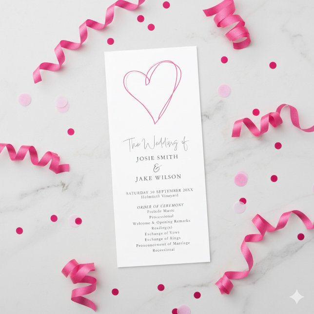 Minimalistisk romsk Rosa Heart bröllop Ceremony Program (Fun wedding program with hand drawn style pink heart.)