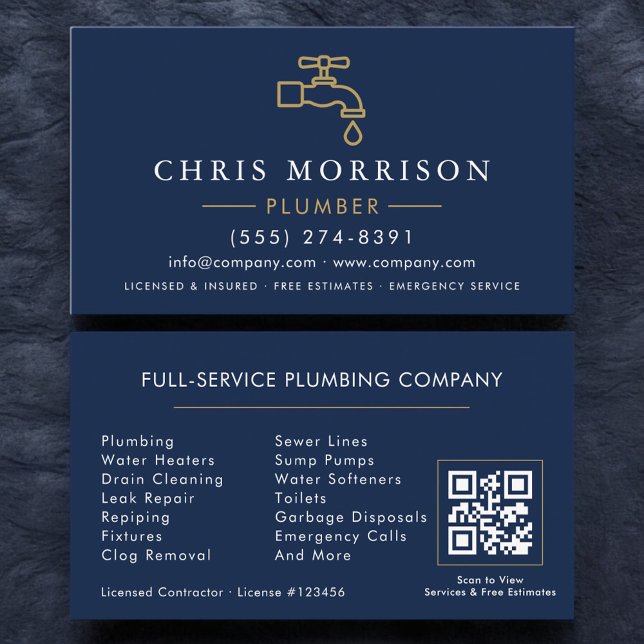 Minimalistisk rörmokare Navy Blue Guld QR-kod Visitkort (Skapare uppladdad)