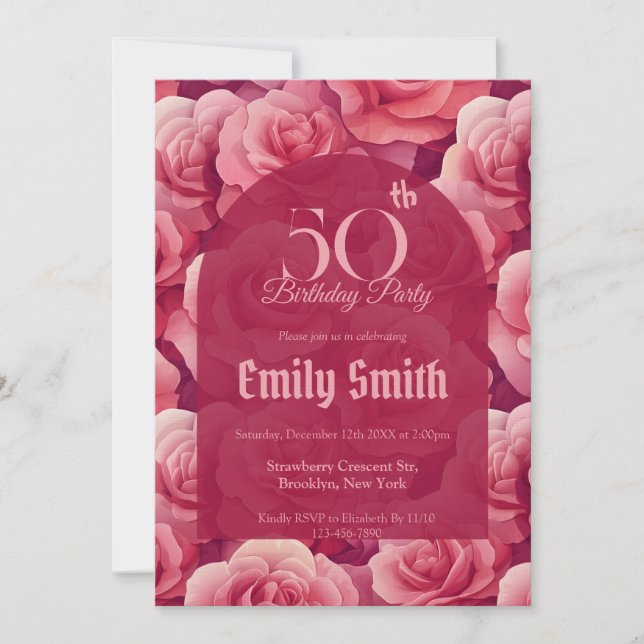Minimalistisk Ros Blommig 50-årsdag Inbjudningar (Framsida)