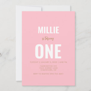 Minimalistisk Rosa 1:a födelsedagsinbjudan Inbjudningar