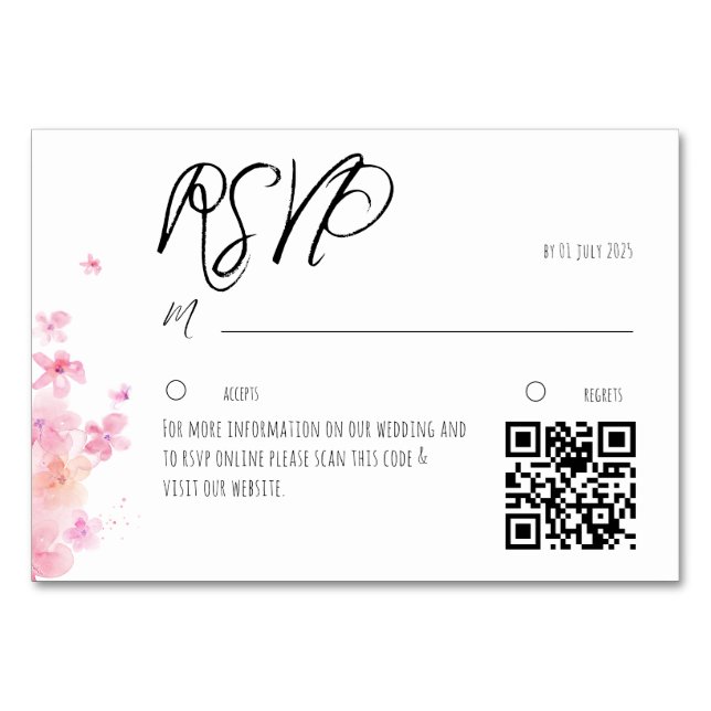 Minimalistisk rosa akvarellblomma RSVP-kort QR Bordsnummer (Framsidan)