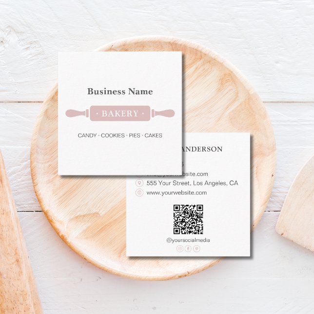Minimalistisk Rosa av Roller Bakery White Fyrkantigt Visitkort (Minimalist Roller Bakery White Pink Square Business Card)